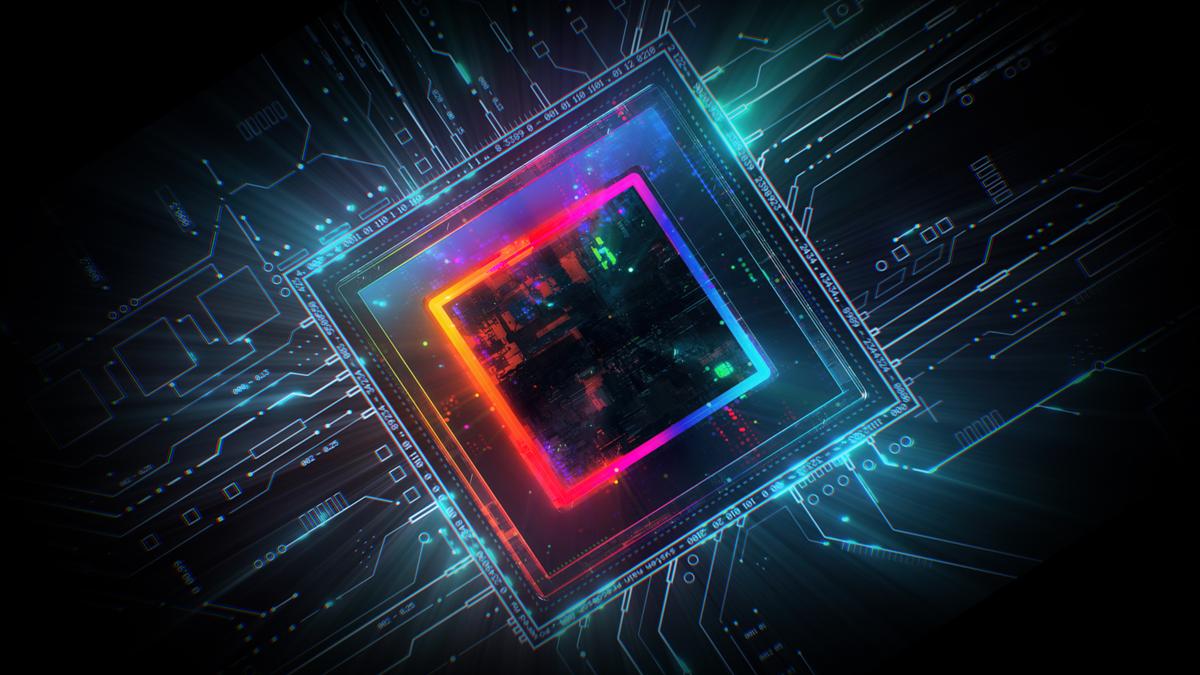 Powerful CPU on circuit board with glowing data transfer. Motherboard digital chip tech science background. Integrated communication processor all in one technology