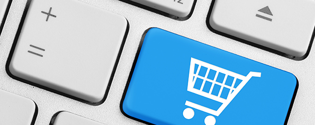 Closeup graphic of a blue keyboard button with a white shopping cart icon