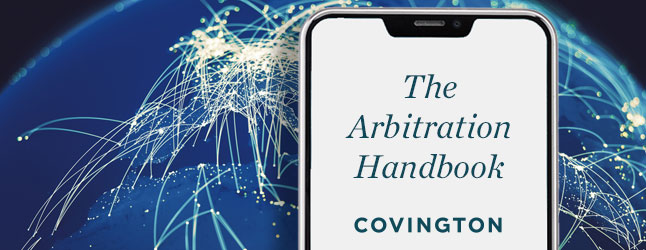 iPhone screen of Covington's Arbitration Handbook app with a globe in the background