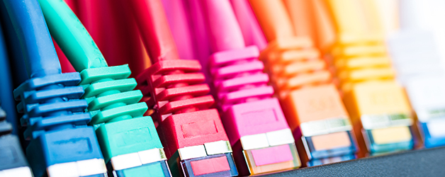 Closeup image of ethernet cables of various colors plugged into a machine