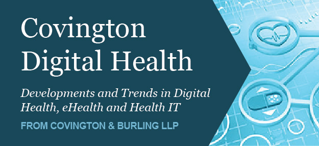 Blue box with image of heart and pill and Covington Digital health blog text