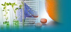 collage of plants in a vase, EU flag in front of a building, and pills on a table next to an orange
