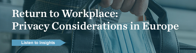 Image of a suitcase with a mask and text reading return to workplace: privacy considerations in Europe