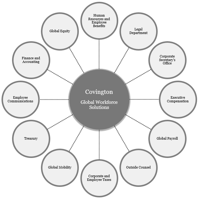 Infographic image of intersecting departments within a company and Covington's centralized role