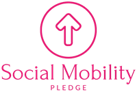 Social mobility pledge text with an arrow inside a circle above it